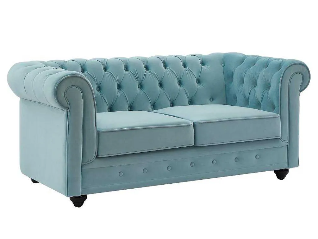 Drie- En Tweezitsbank Van Pastelblauw Velours Chesterfield-Vente-unique Best