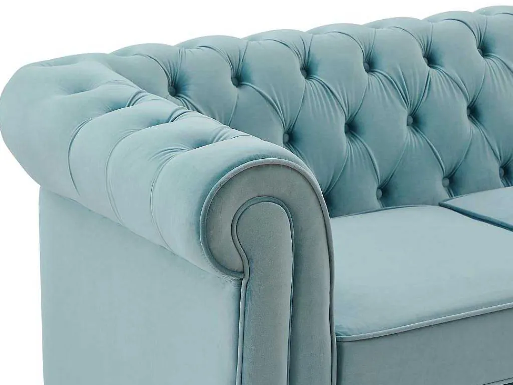 Drie- En Tweezitsbank Van Pastelblauw Velours Chesterfield-Vente-unique Best