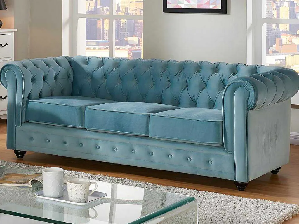 Drie- En Tweezitsbank Van Pastelblauw Velours Chesterfield-Vente-unique Best
