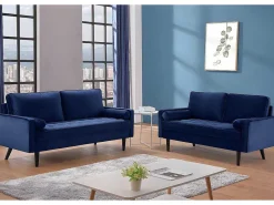 Drie- En Tweezitsbank Van Fluweel Fleuet - Donkerblauw-Vente-unique