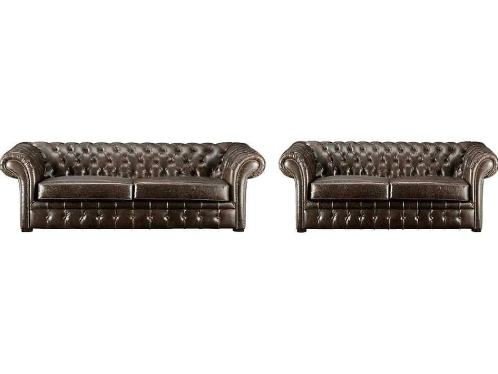 Driezits- En Tweezitsbank Chesterfield Clotaire Van 100% Leer Met Lived-In Aspect-Vente-unique Best