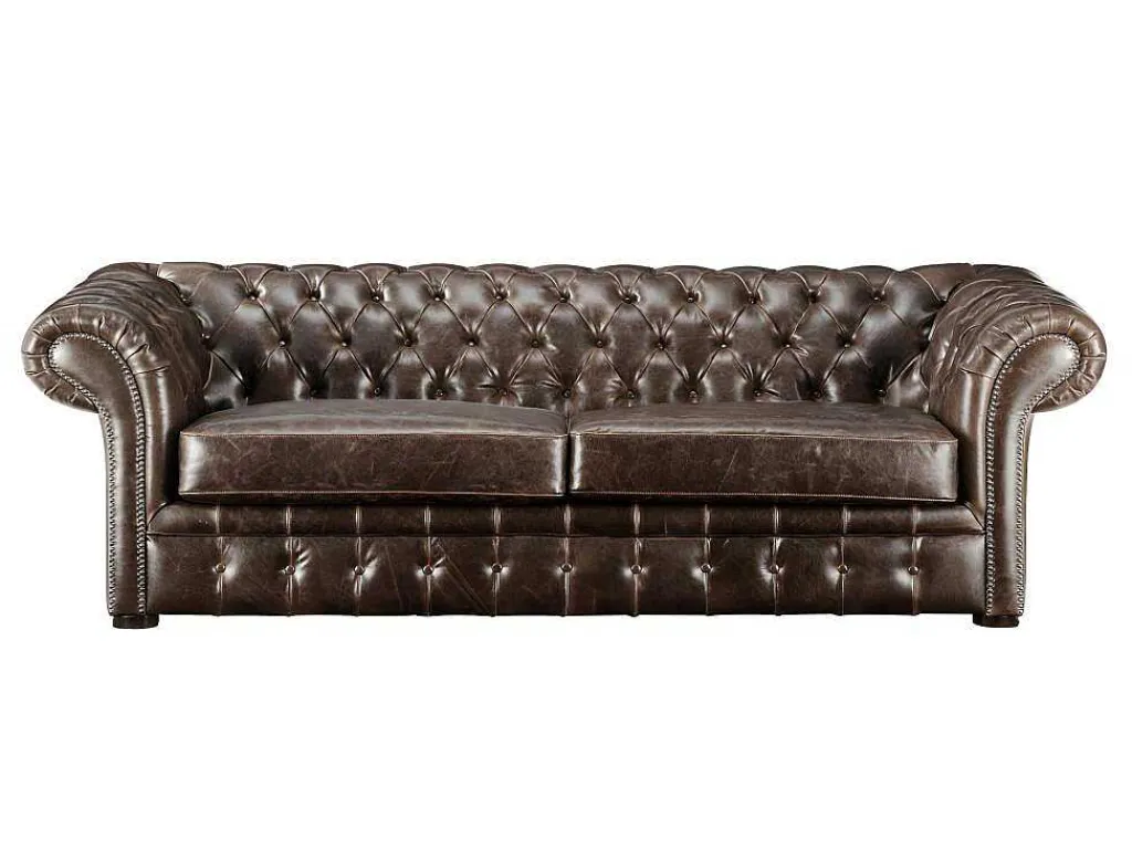 Driezits- En Tweezitsbank Chesterfield Clotaire Van 100% Leer Met Lived-In Aspect-Vente-unique Best
