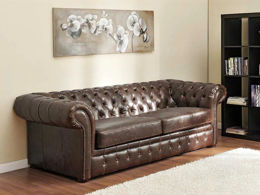 Driezits- En Tweezitsbank Chesterfield Clotaire Van 100% Leer Met Lived-In Aspect-Vente-unique Best