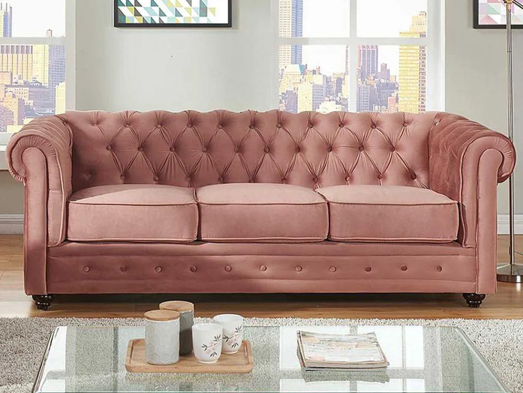 Driezitsbank Chesterfield - Fluweel - Pastel Roze-Vente-unique Hot