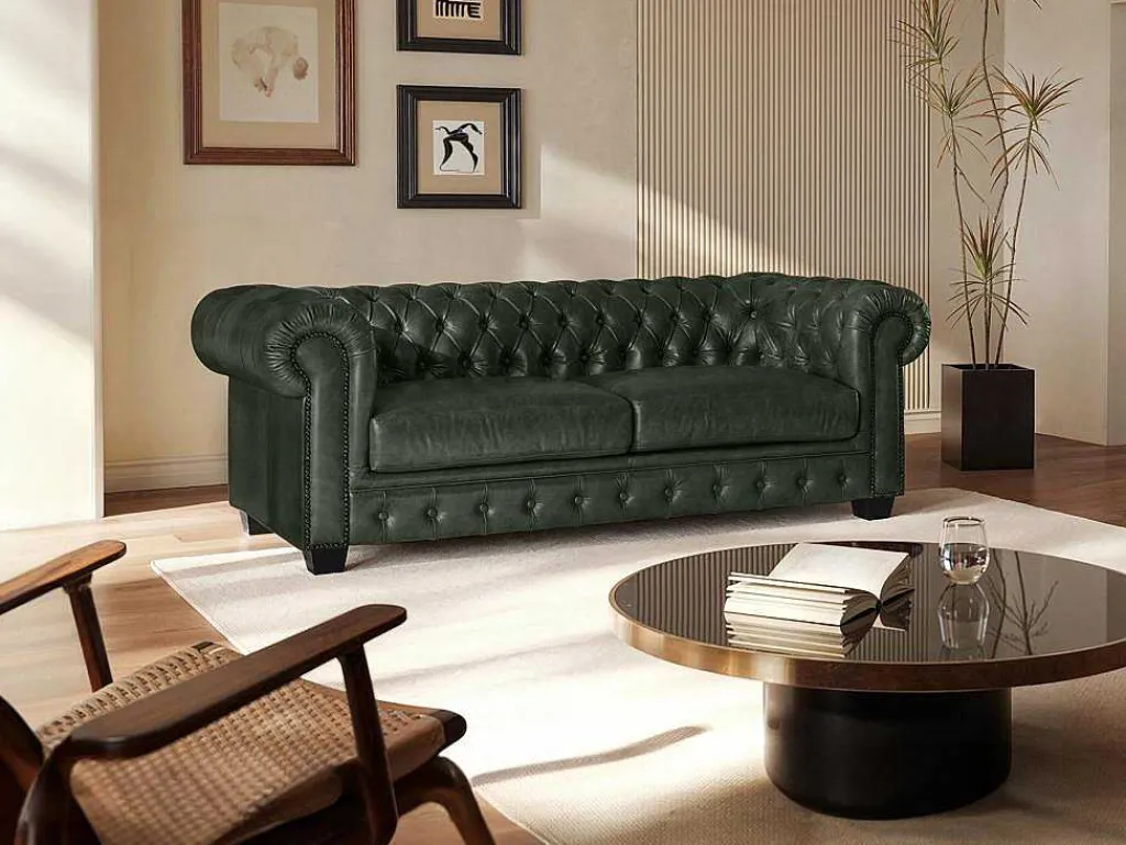 Driezitsbank Chesterfield Brenton 100% Buffelleer - Empire Groen-LINEA SOFA