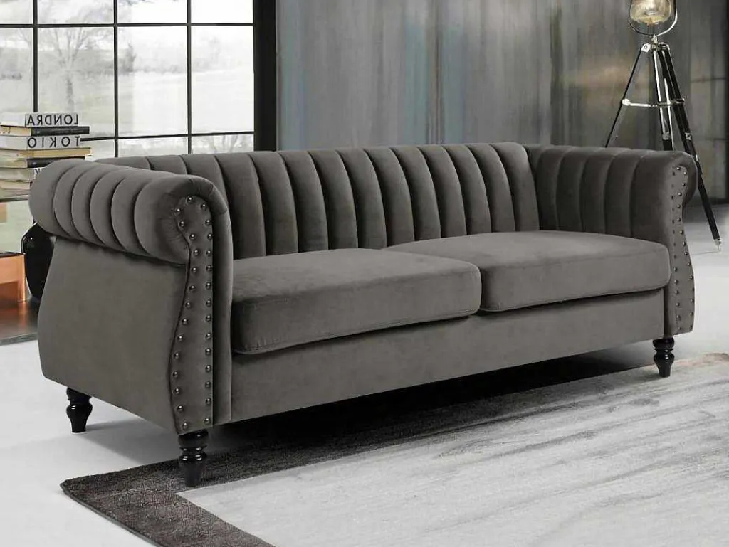 Driezitsbank Chesterfield Van Fluweel Trumbo - Antraciet-Vente-unique New