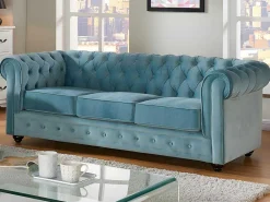 Driezitsbank En 2 Fauteuils Chesterfield - Fluweel - Pastel Blauw-Vente-unique Hot