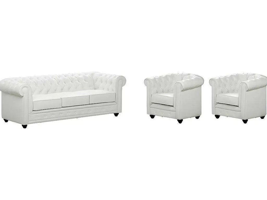 Driezitsbank En 2 Fauteuils Chesterfield Van Kunstleer - Wit-Vente-unique Best