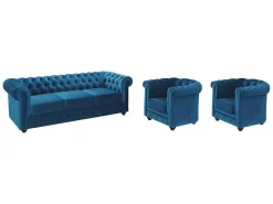 Driezitsbank En 2 Fauteuils Chesterfield - Fluweel - Eend Blauw-Vente-unique Discount