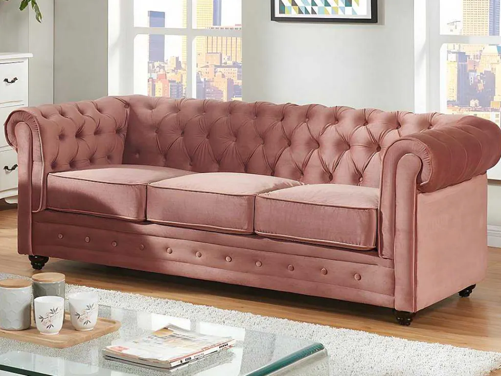 Driezitsbank En 2 Fauteuils Chesterfield - Fluweel - Pastel Roze-Vente-unique Outlet