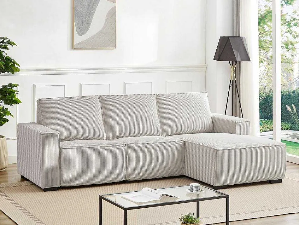 Driezitsbank En Elektrische Relaxfauteuil In Beige Ribfluweel Amelio-Vente-unique Online