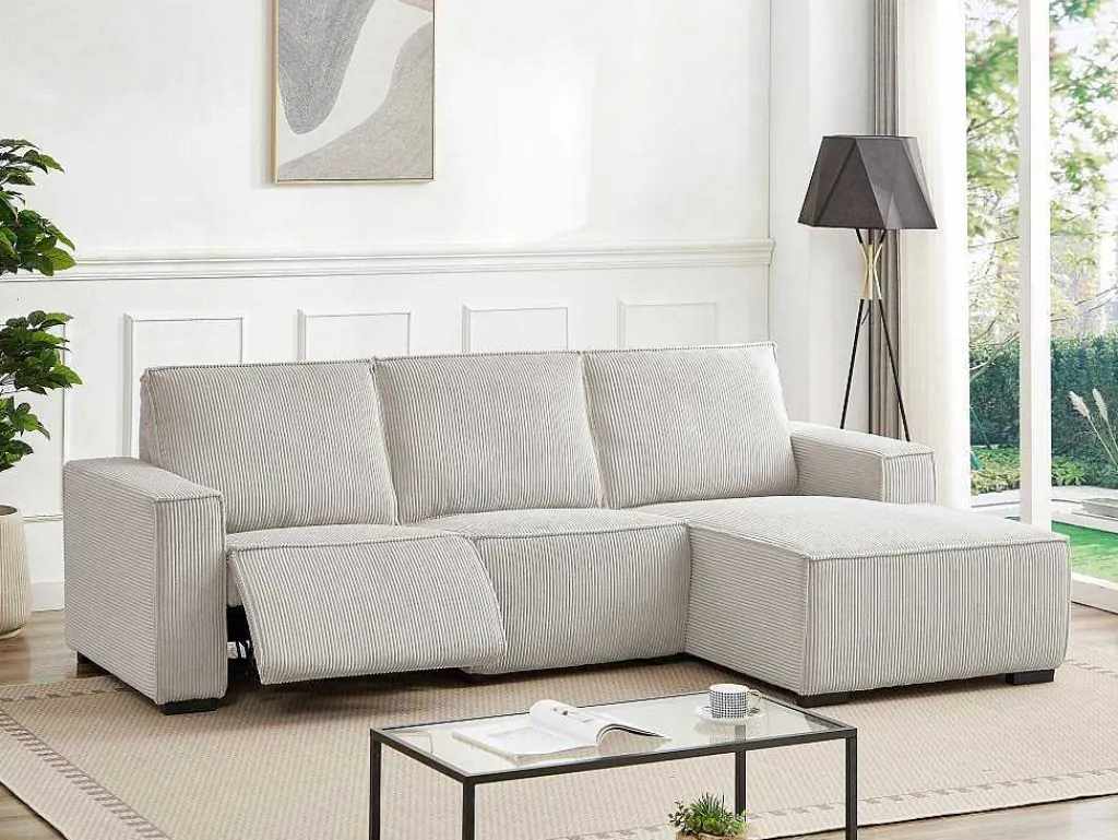 Driezitsbank En Elektrische Relaxfauteuil In Beige Ribfluweel Amelio-Vente-unique Online