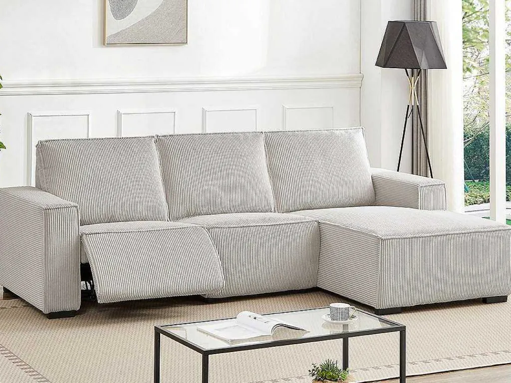 Driezitsbank En Elektrische Relaxfauteuil In Beige Ribfluweel Amelio-Vente-unique Online