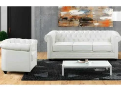 Driezitsbank En Fauteuil Chesterfield Van Kunstleer - Wit-Vente-unique Online