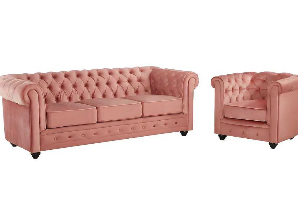 Driezitsbank En Fauteuil Chesterfield - Fluweel - Pastel Roze-Vente-unique