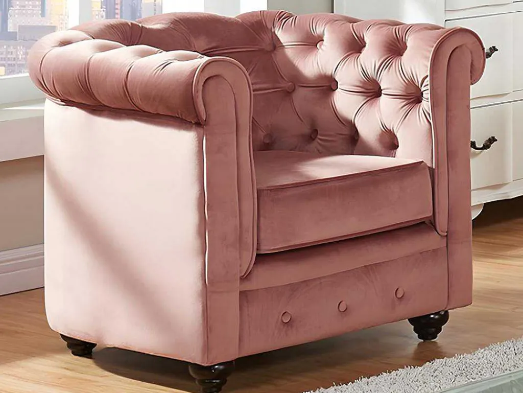 Driezitsbank En Fauteuil Chesterfield - Fluweel - Pastel Roze-Vente-unique