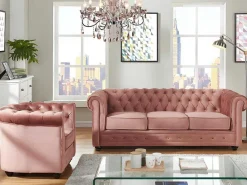 Driezitsbank En Fauteuil Chesterfield - Fluweel - Pastel Roze-Vente-unique
