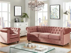 Driezitsbank En Fauteuil Chesterfield - Fluweel - Pastel Roze-Vente-unique