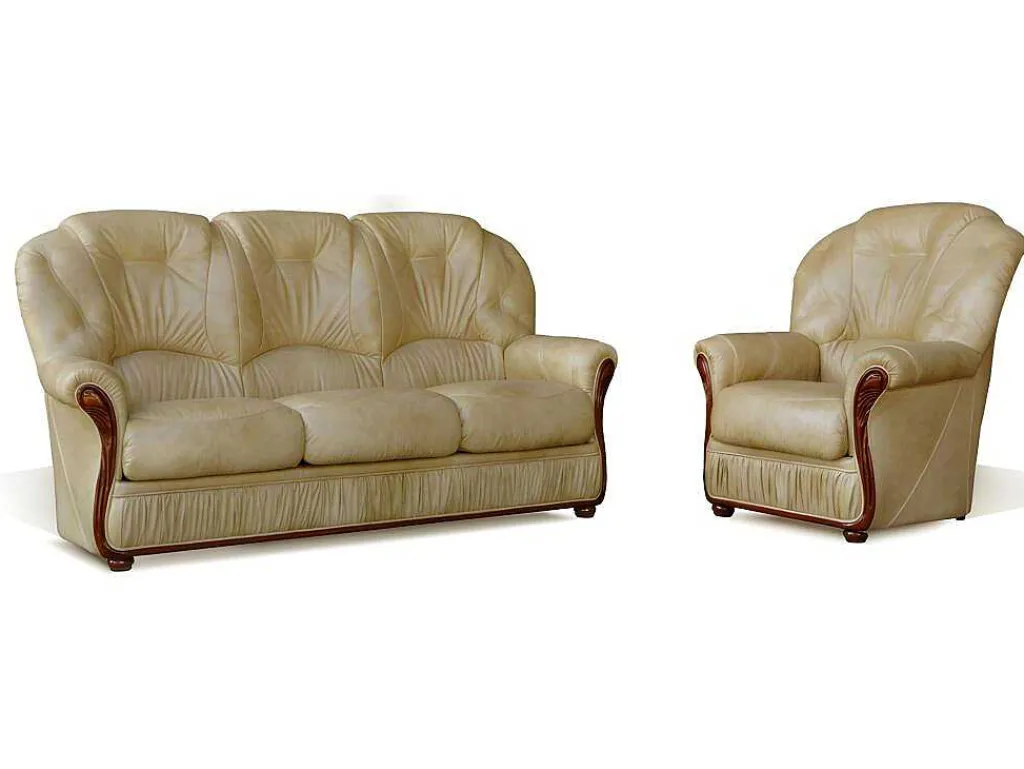 Driezitsbank En Fauteuil Daphne Van 100% Buffel Leer - Beige-Vente-unique New