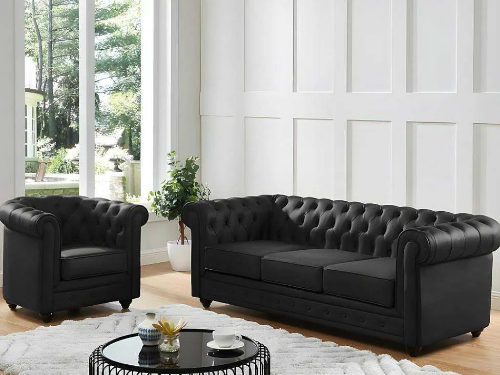 Driezitsbank Van Buffelleer Chesterfield - Zwart-Vente-unique Discount
