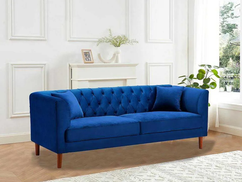 Driezits-Chesterfield-Bank Van Nachtblauw Velours Arsene-Vente-unique Discount