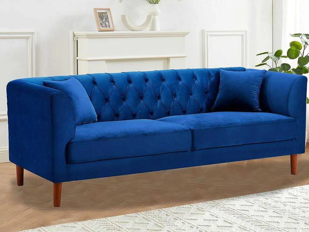 Driezits-Chesterfield-Bank Van Nachtblauw Velours Arsene-Vente-unique Discount