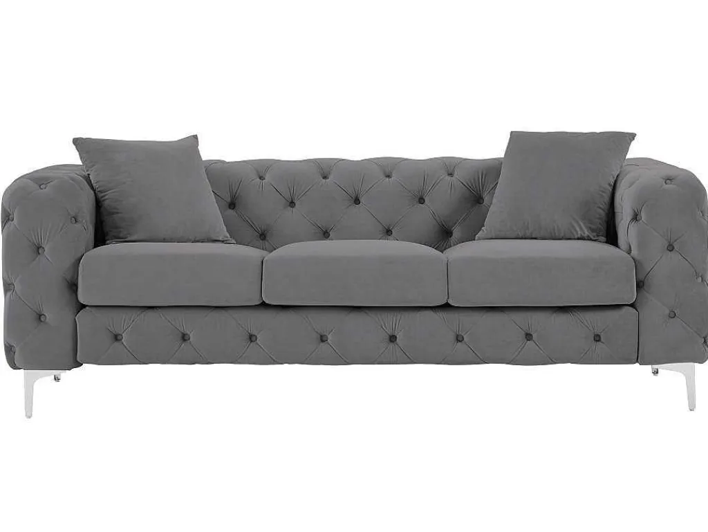 Driezits-Chesterfield-Bank Van Antracietgrijs Velours Edwina-Vente-unique New