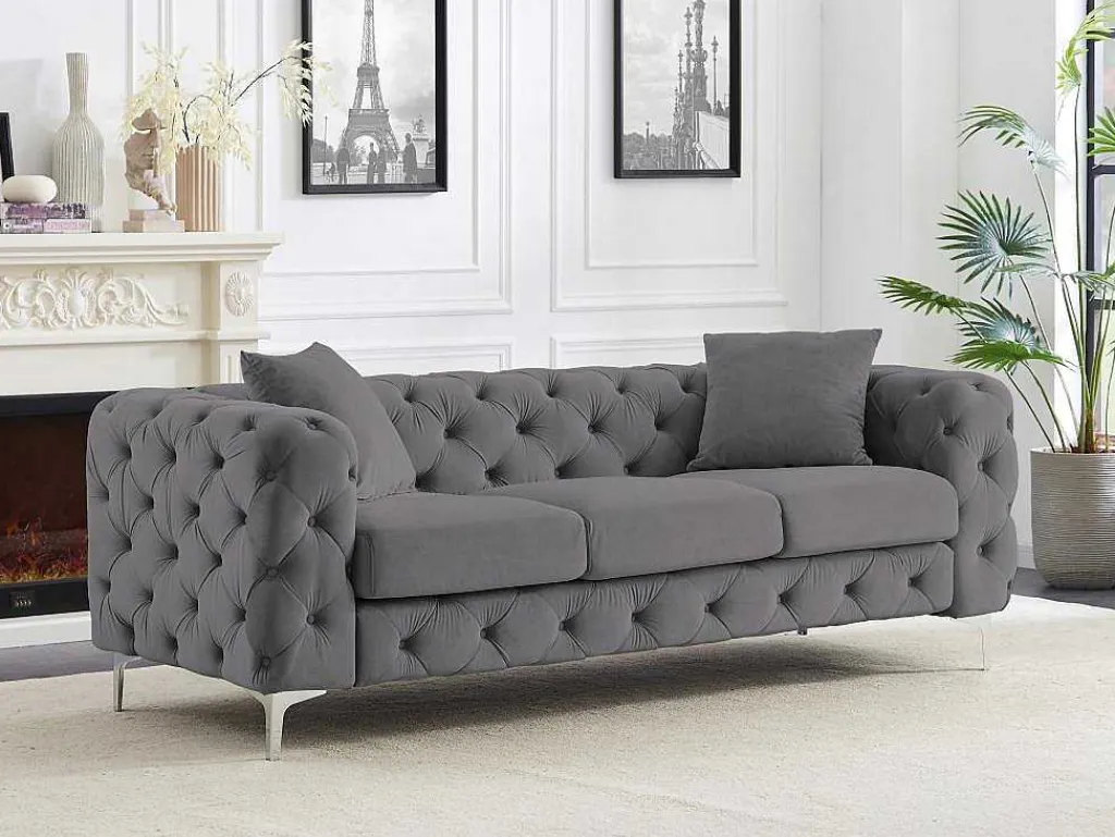 Driezits-Chesterfield-Bank Van Antracietgrijs Velours Edwina-Vente-unique New