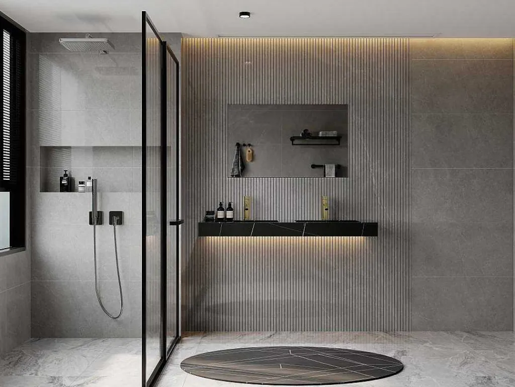 Dubbele Hangwasbak In Solid Surface Met De Look Van Zwart Marmer - L120,2 X B45,2 X H8 Cm - Takotna-Shower & Design Best