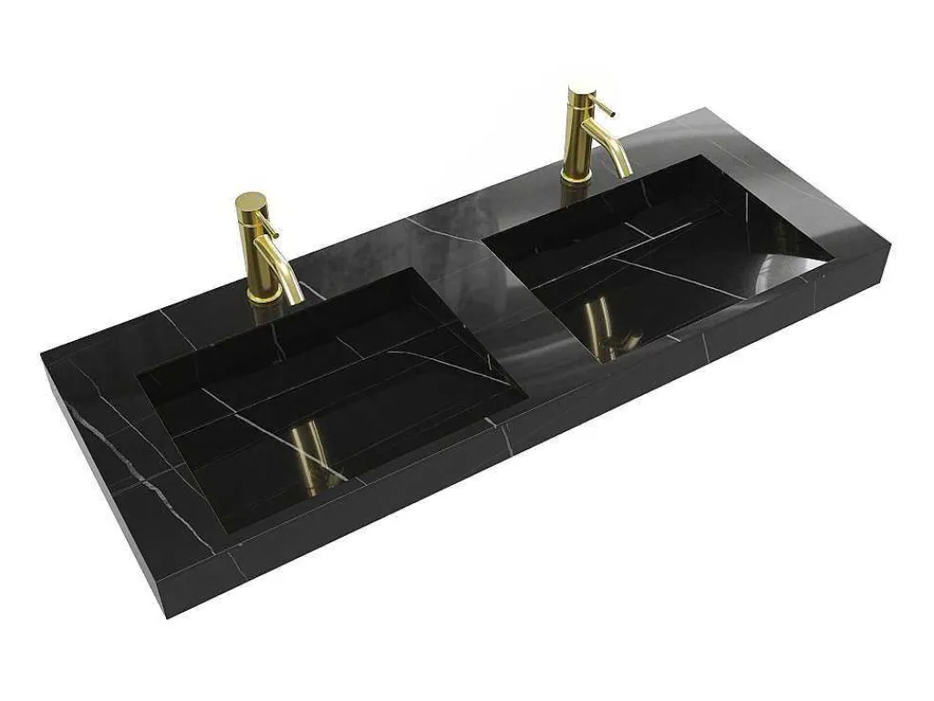 Dubbele Hangwasbak In Solid Surface Met De Look Van Zwart Marmer - L120,2 X B45,2 X H8 Cm - Takotna-Shower & Design Best