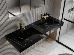 Dubbele Hangwasbak In Solid Surface Met De Look Van Zwart Marmer - L120,2 X B45,2 X H8 Cm - Takotna-Shower & Design Best