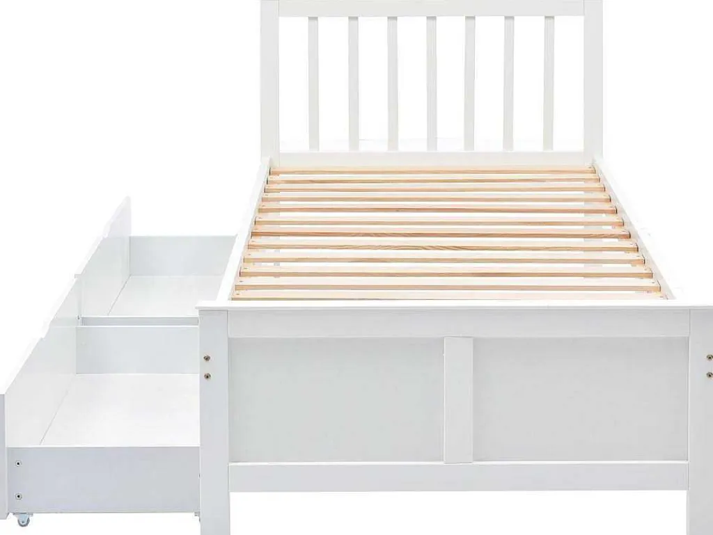 Eenpersoonsbed 90X200Cm In Massief Hout Met 2 Laden - Wit-ModernLuxe Best