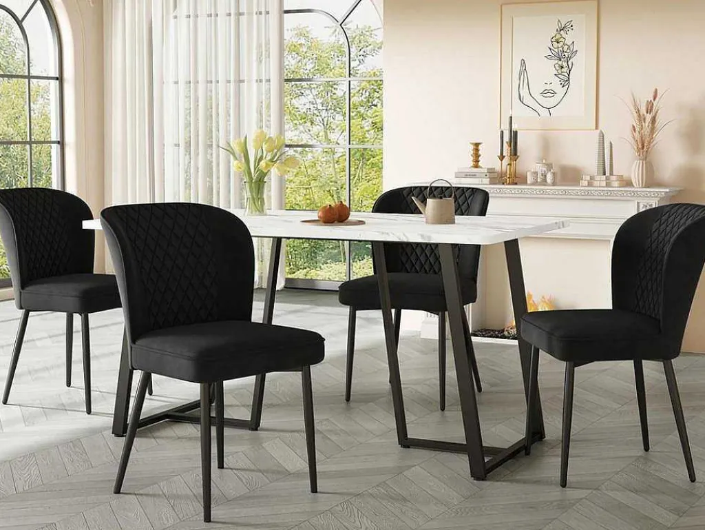 Eettafel 140X80 Cm - Metalen Structuur - Marmerpatroon Fineer - Wit & Zwart-ModernLuxe New