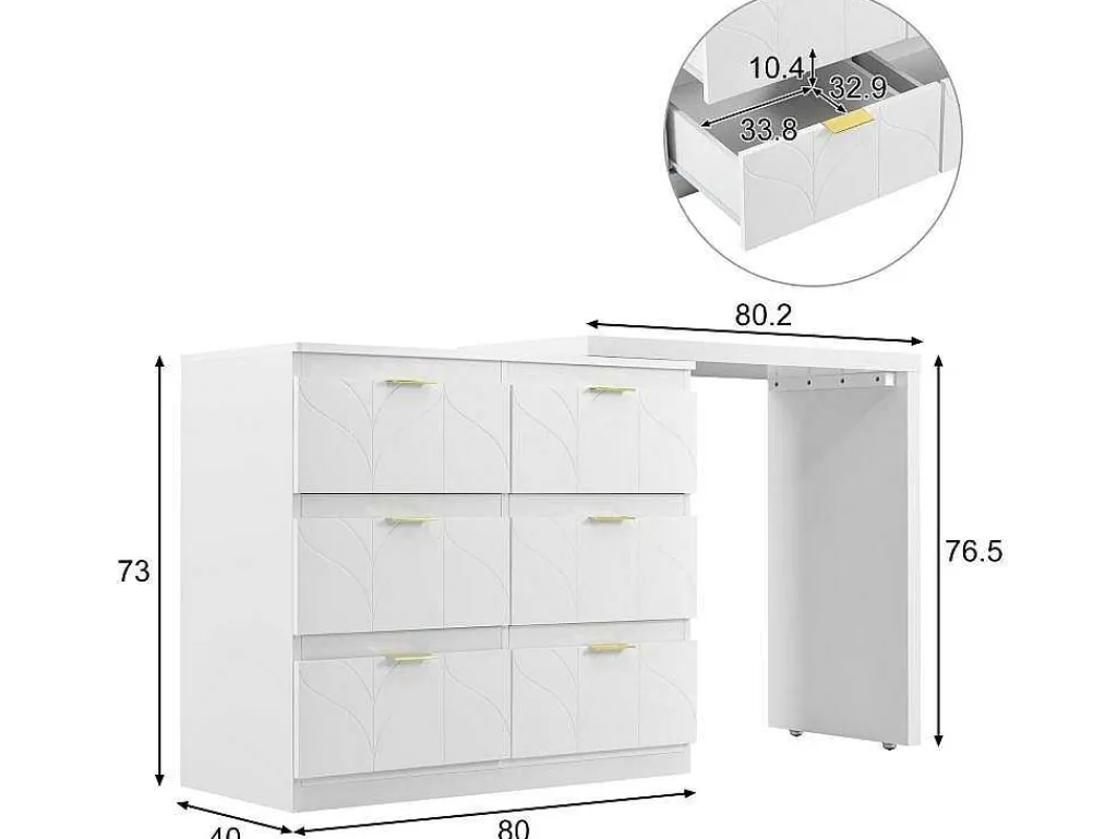 Eigentijdse Scandinavische Draaibare Kaptafel Met 6 Lades - Versierd Met Bloemmotief - Wit-ModernLuxe Best