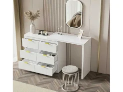 Eigentijdse Scandinavische Draaibare Kaptafel Met 6 Lades - Versierd Met Bloemmotief - Wit-ModernLuxe Best