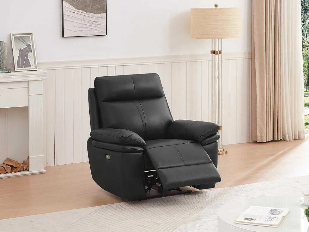 Elektrische Relax-Fauteuil Van Zwart Leer Mesola-Vente-unique