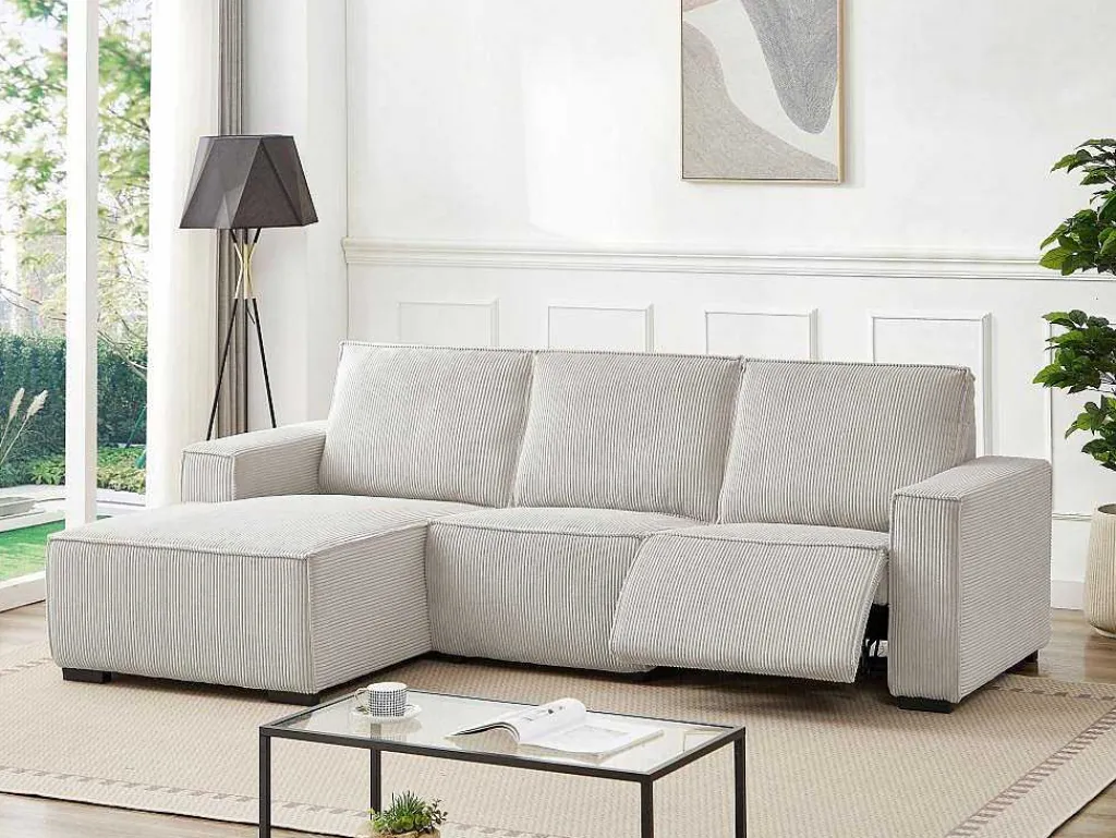 Elektrische Relaxhoekbank Met Hoek Links Van Lichtgrijs Ribfluweel Amelio-Vente-unique Online