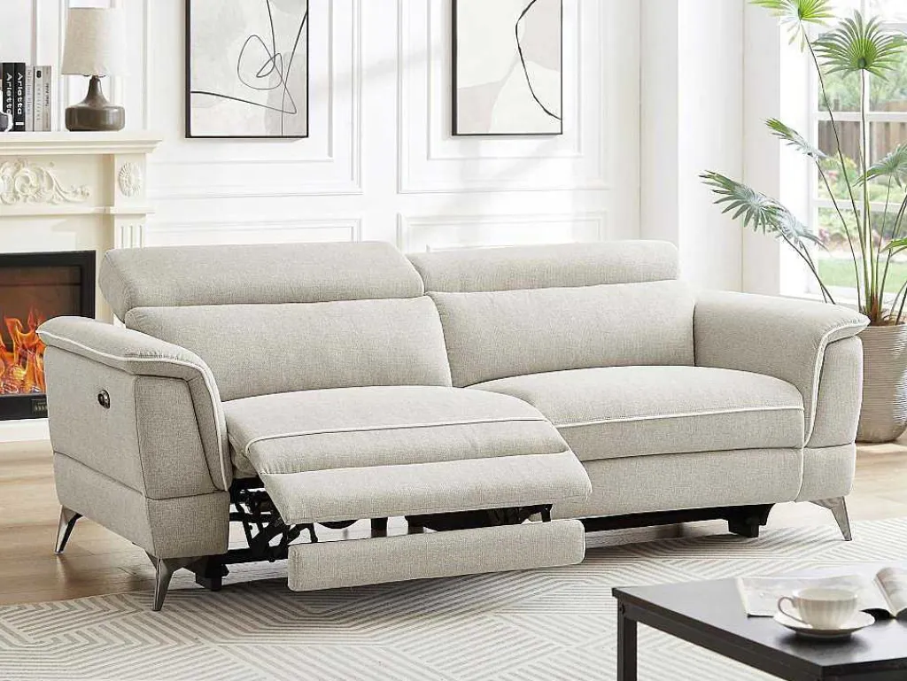 Elektrische Relax-Zitbank Met 3 Plaatsen In Beige Stof Macari-Vente-unique Outlet