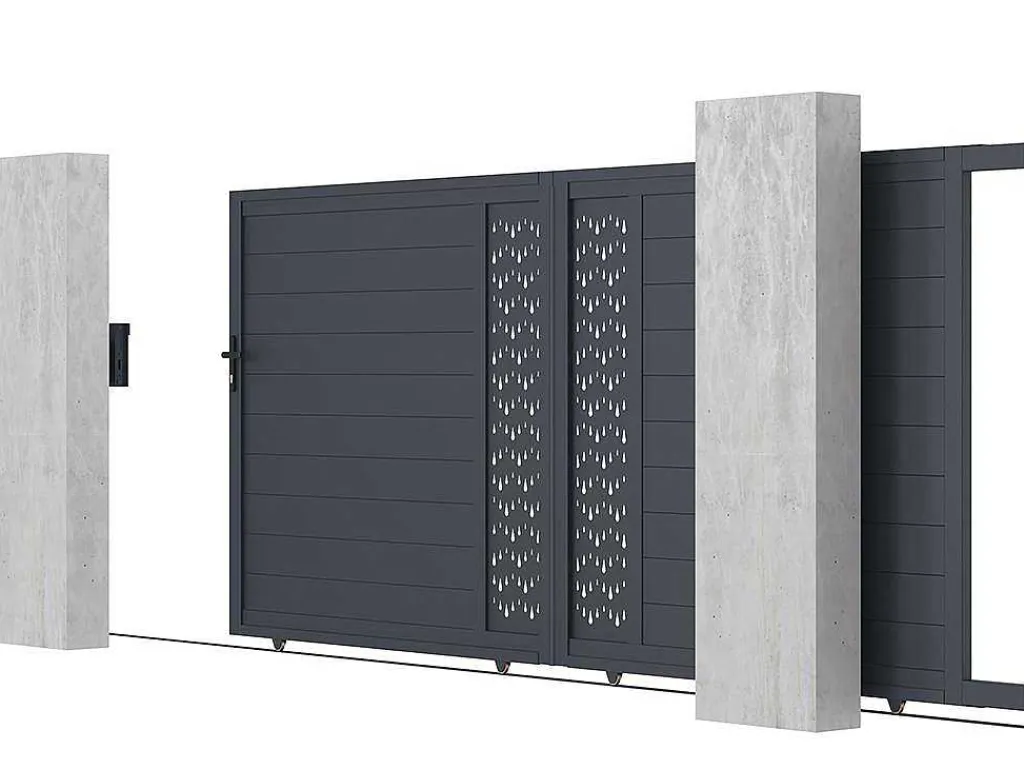 Elektrische Schuifpoort Van Aluminium Met Motieven - Halfopengewerkt - L.416 X H.180 Cm - Antraciet - Gregor-EXPERTLAND Outlet