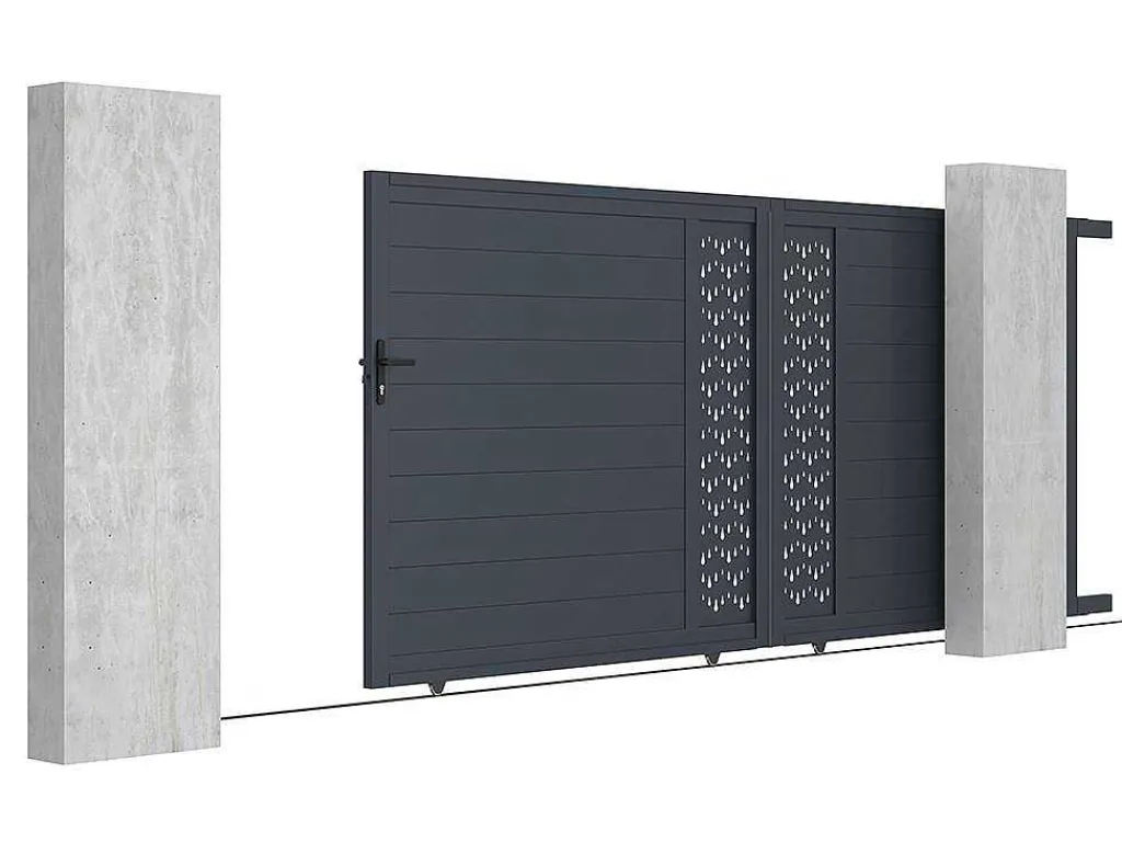 Elektrische Schuifpoort Van Aluminium Met Motieven - Halfopengewerkt - L.416 X H.180 Cm - Antraciet - Gregor-EXPERTLAND Outlet