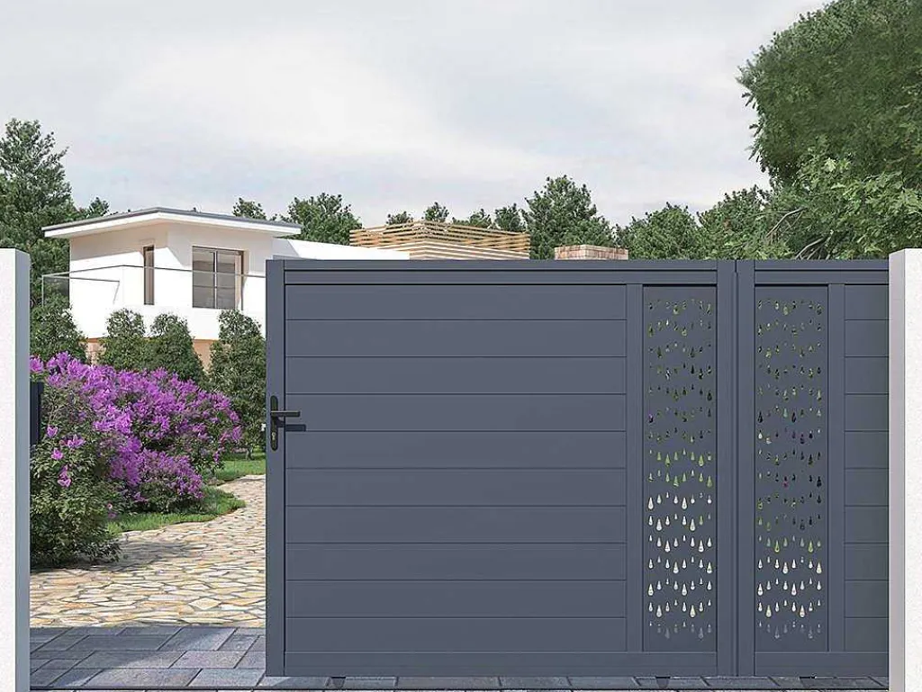 Elektrische Schuifpoort Van Aluminium Met Motieven - Halfopengewerkt - L.416 X H.180 Cm - Antraciet - Gregor-EXPERTLAND Outlet