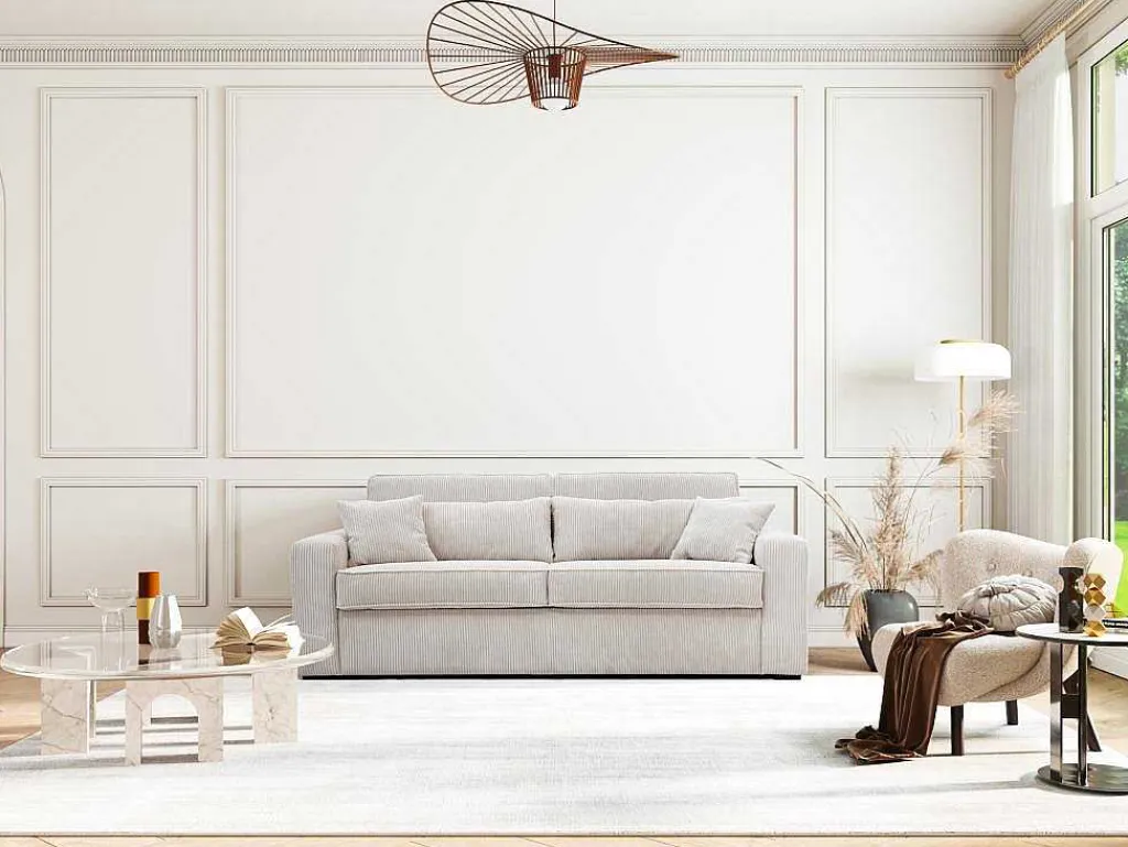 Express-Driezitsslaapbank Van Beige Ribfluweel - Bed Met Brede Latten 140 Cm - Matras 18 Cm - Mondovi-Vente-unique Clearance