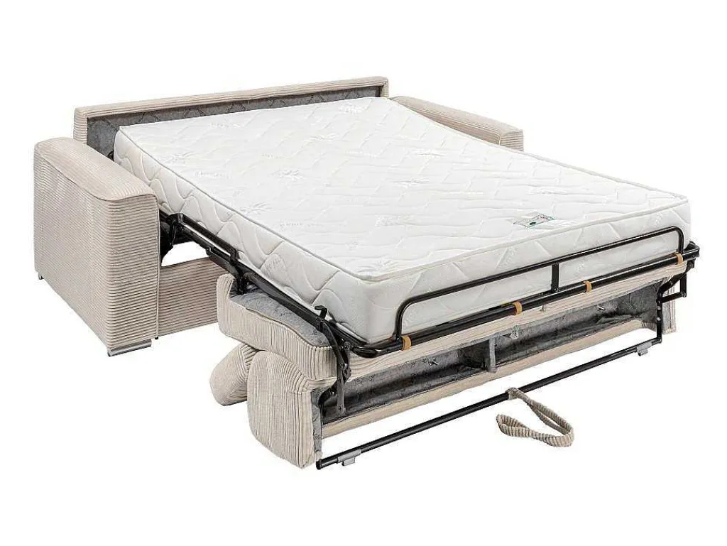 Express-Driezitsslaapbank Van Beige Ribfluweel - Bed Met Brede Latten 140 Cm - Matras 18 Cm - Vizir-Vente-unique Sale