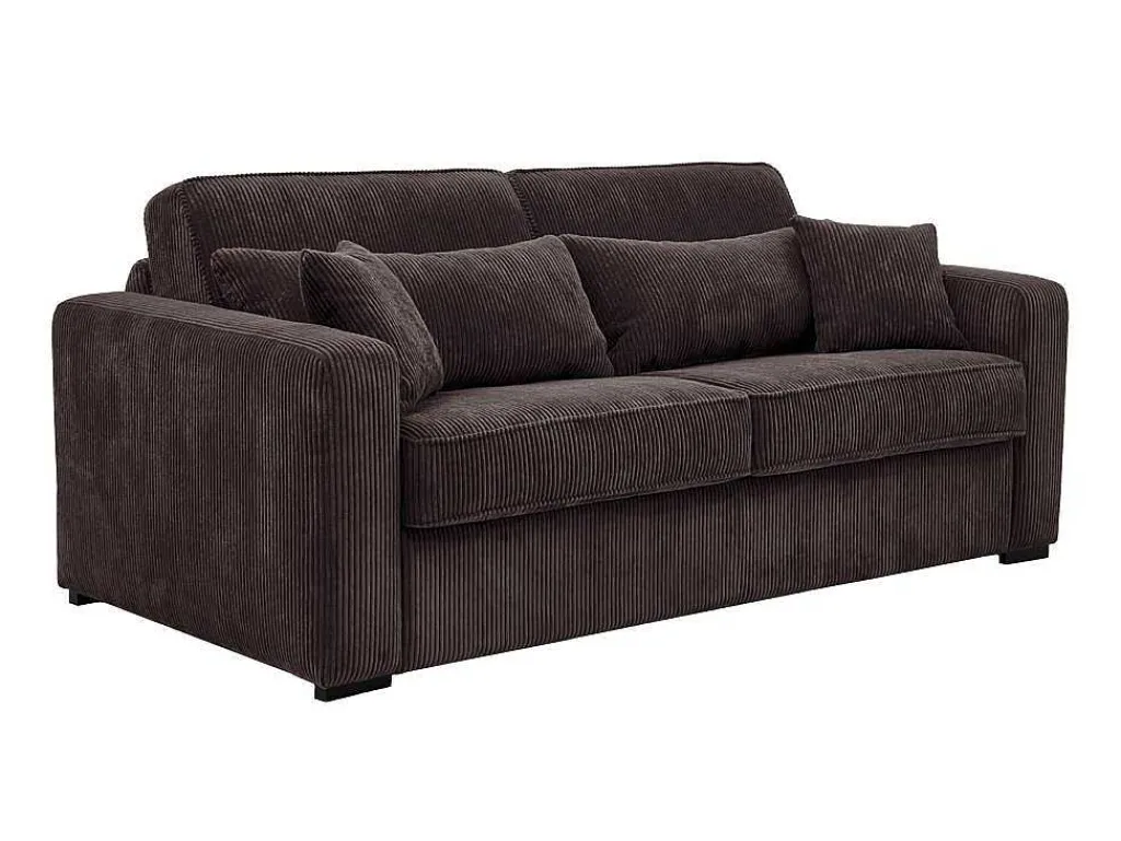 Express-Driezitsslaapbank Van Bruin Ribfluweel - Bed 140 Cm - Matras 18 Cm - Mondovi-Vente-unique Outlet