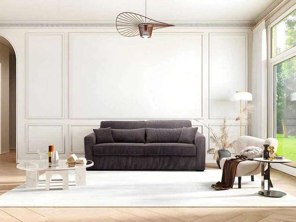 Express-Driezitsslaapbank Van Bruin Ribfluweel - Bed 140 Cm - Matras 18 Cm - Mondovi-Vente-unique Outlet