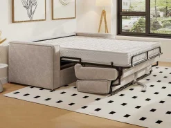 Express-Vierzitsslaapbank Van Beige Ribfluweel - Bed Met Brede Latten 160 Cm - Matras 22 Cm Loreto-Vente-unique