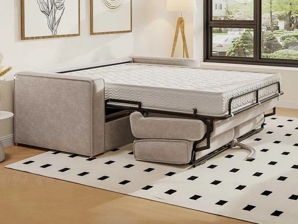 Express-Vierzitsslaapbank Van Beige Ribfluweel - Bed Met Brede Latten 160 Cm - Matras 22 Cm Loreto-Vente-unique