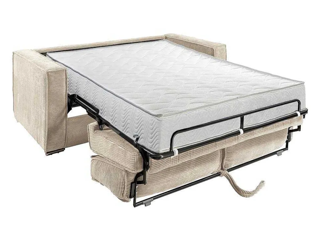 Express-Vierzitsslaapbank Van Beige Ribfluweel - Bed Met Brede Latten 160 Cm - Matras 22 Cm Loreto-Vente-unique