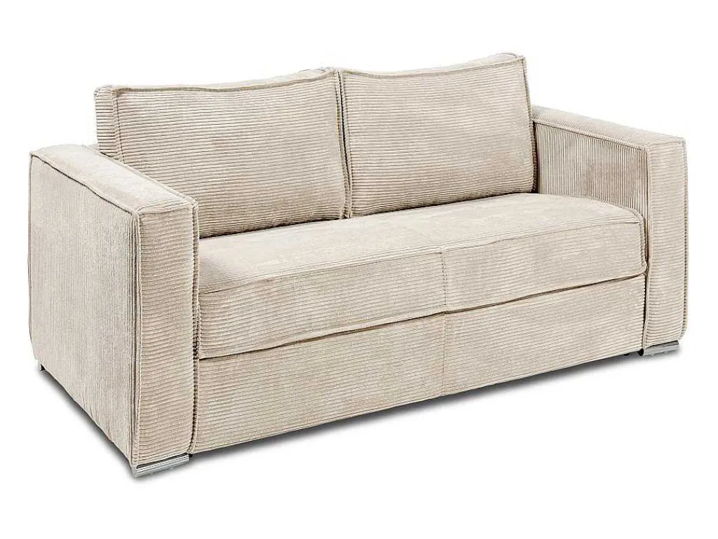 Express-Vierzitsslaapbank Van Beige Ribfluweel - Bed Met Brede Latten 160 Cm - Matras 22 Cm Loreto-Vente-unique