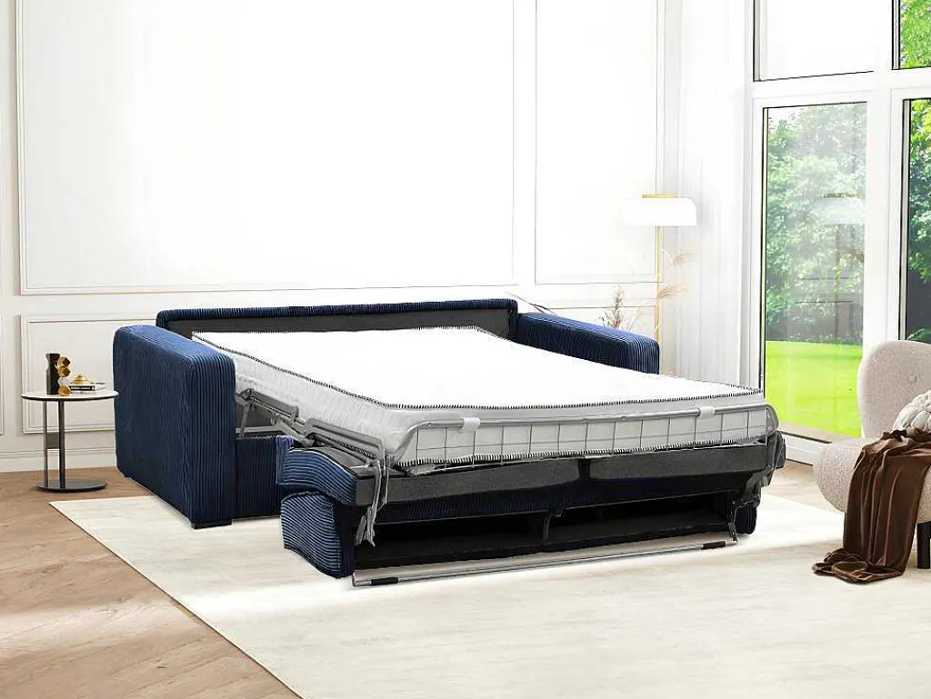 Express-Vierzitsslaapbank Van Blauw Ribfluweel - Bed 160 Cm - Matras 18 Cm - Mondovi-Vente-unique Best